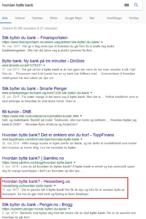 Jeg ranker som nummer 7 på termen "hvordan bytte bank" seo hjelper
